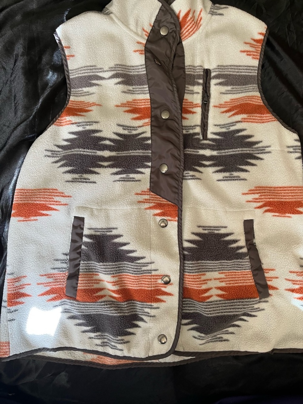 Southwestern Print Fleece Vest in Cream, Orange & Gray